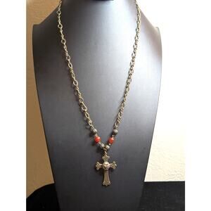 Antiqued Brass Fancy French Filigree Crystal Bead Textured Chain 26" Necklace